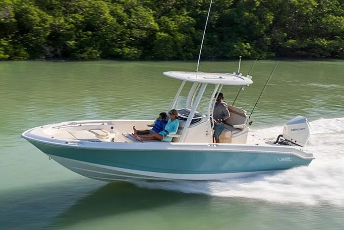 Slide: The Image of Manufacturer Provided Image: 2026 Boston Whaler 250 Dauntless cruising on a calm, green waterway with passengers onboard. - 1