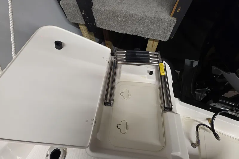 Slide: The Image of 2026 Boston Whaler 250 Dauntless swim platform with foldable ladder and storage compartment. - 16