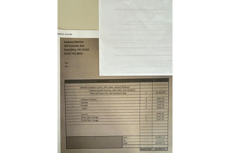 Slide: The Image of Invoice from Midway Marine for 2010 Rinker 400 Express Cruiser repairs and maintenance. - 42
