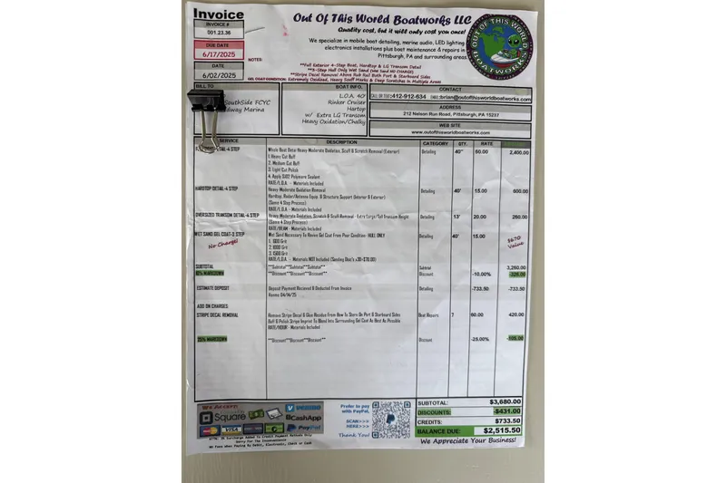 Slide: The Image of Invoice for boat detailing services by Out Of This World Boatworks LLC. - 43