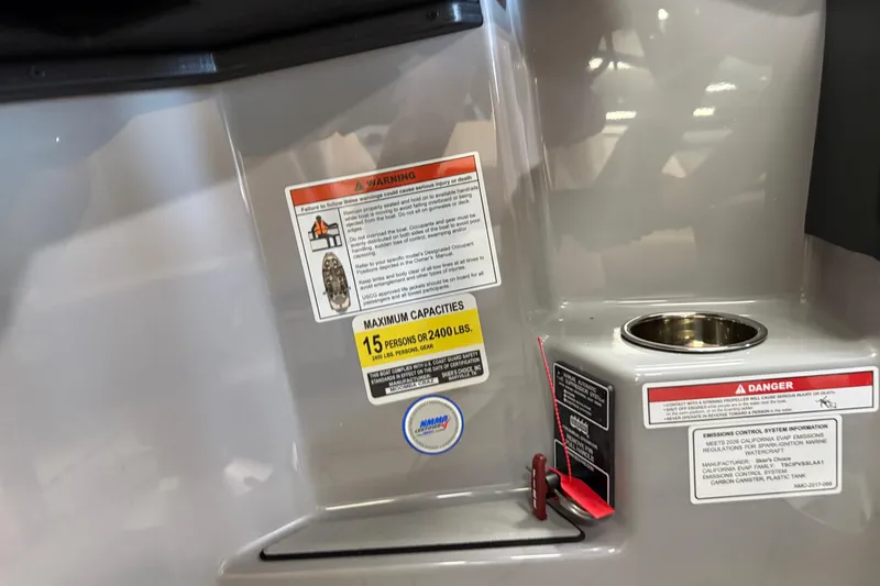 Slide: The Image of 2026 Moomba Craz boat warning labels and capacity information, maximum 15 persons or 2400 lbs. - 29