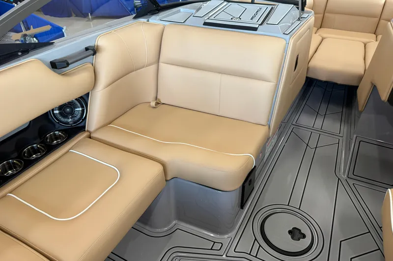 Slide: The Image of 2026 Moomba Craz boat interior with tan seating and modern design elements. - 30