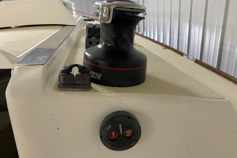 Slide: The Image of Close-up of a 2014 J Boats J/100 winch and deck fittings. - 22