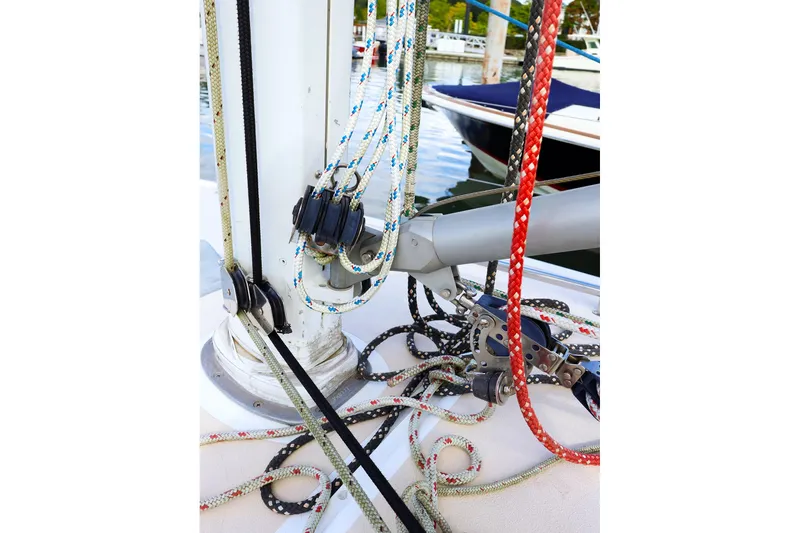 Slide: The Image of Close-up of rigging on a 2000 J Boats J/105 sailboat at a marina. - 14