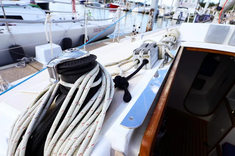 Slide: The Image of Close-up of 2000 J Boats J/105 sailboat deck with winch and ropes. - 6