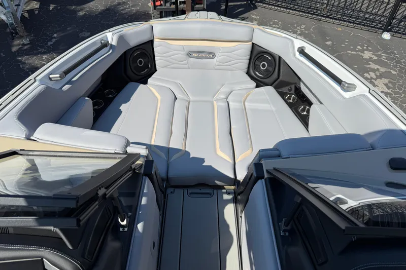 Slide: The Image of 2026 Supra SL 450 boat interior with luxurious seating and modern design. - 28