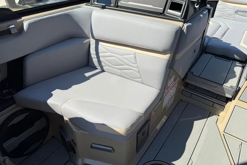 Slide: The Image of 2026 Supra SL 450 boat interior with luxurious gray seating and modern design. - 45