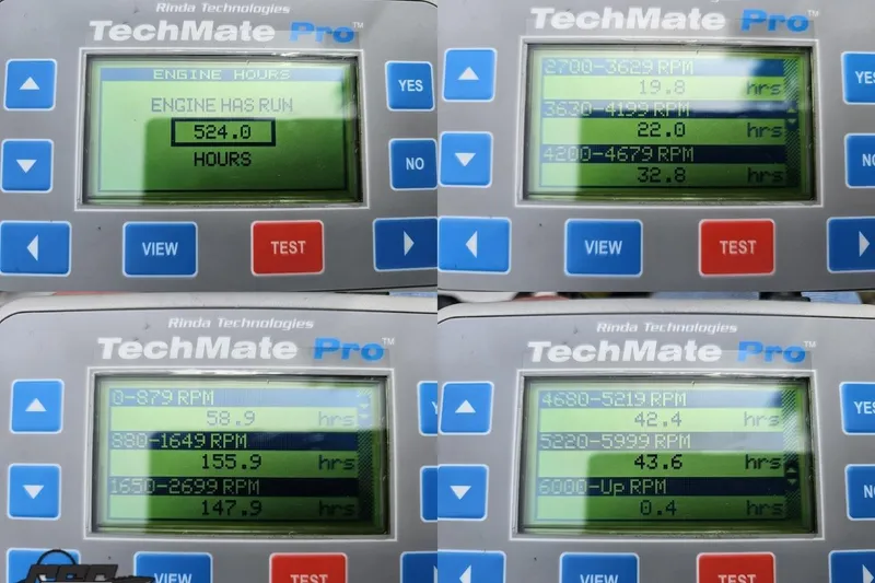 Slide: The Image of TechMate Pro displays engine hours and RPM data for 2016 Bayliner Element F18. - 100