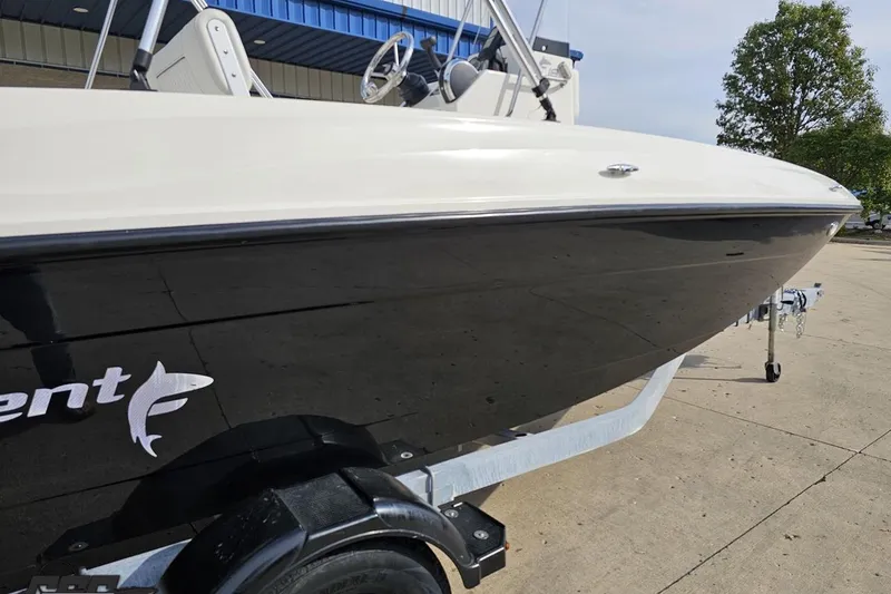 Slide: The Image of 2016 Bayliner Element F18 boat on trailer, side view, outdoors. - 12