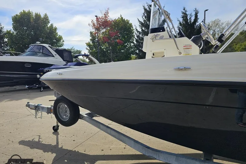 Slide: The Image of 2016 Bayliner Element F18 boat on trailer, parked outdoors with trees in background. - 29