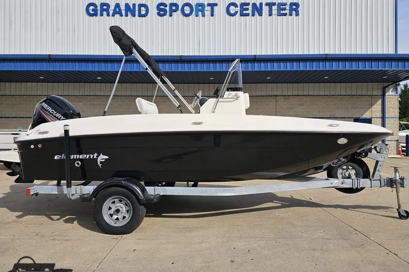 Slide: The Image of 2016 Bayliner Element F18 boat on trailer at Grand Sport Center. - 3