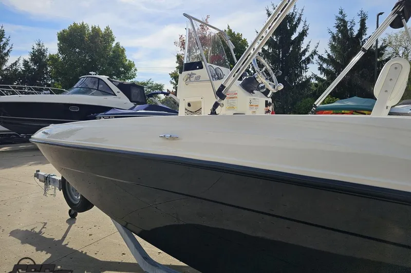 Slide: The Image of 2016 Bayliner Element F18 boat on trailer, parked outdoors with trees in background. - 32