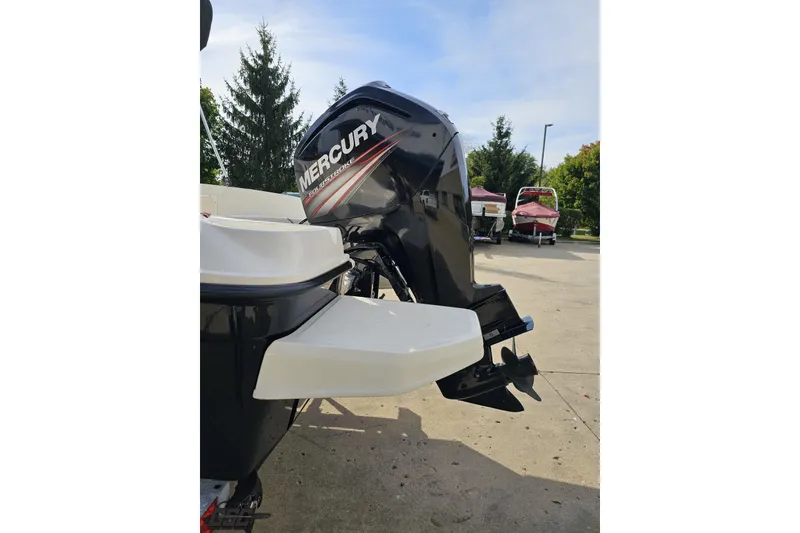 Slide: The Image of 2016 Bayliner Element F18 with Mercury outboard motor in a sunny outdoor setting. - 37