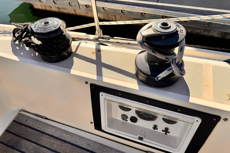 Slide: The Image of Winches and ropes on a 1979 O'Day 37 Center Cockpit sailboat deck. - 21