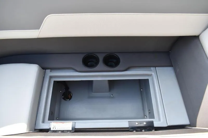 Slide: The Image of 2026 Lowe LS 170 boat interior with gray and white cushioned seating. - 16