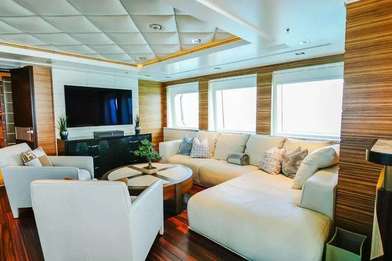 Slide: The Image of Luxurious interior of 2013 Feadship motor yacht with elegant decor and scenic window view. - 19