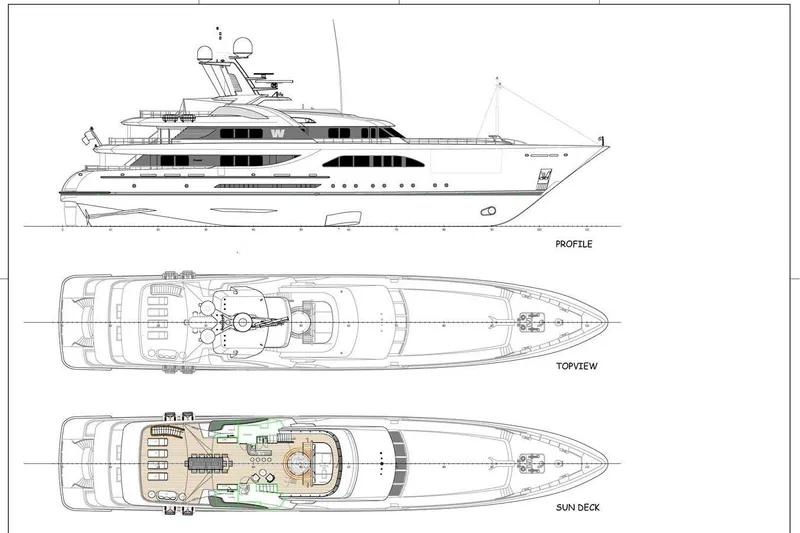Slide: The Image of Blueprint of 2013 Feadship Motor Yacht, showing profile, top view, and sun deck layout. - 90
