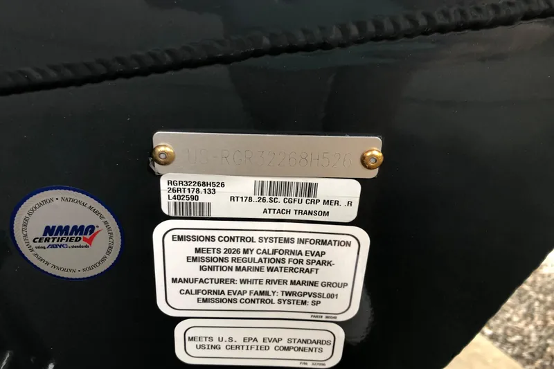 Slide: The Image of 2026 Ranger RT178 boat with emissions control and NMMA certification labels. - 16