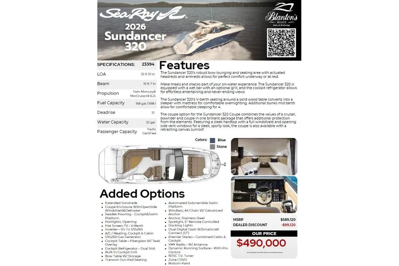 Slide: The Image of 2026 Sea Ray Sundancer 320 yacht brochure with specifications, features, and pricing details. - 61