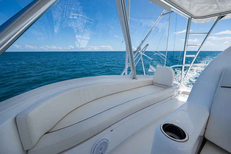 Slide: The Image of Luxurious Viking boat interior with ocean view, featuring white seating and sleek design. - 20