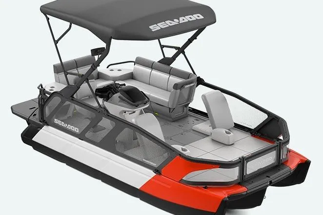 The Image of 2024 Sea-Doo Switch Sport 18 boat, 230 hp, sleek design, spacious seating, black and red accents. - 1