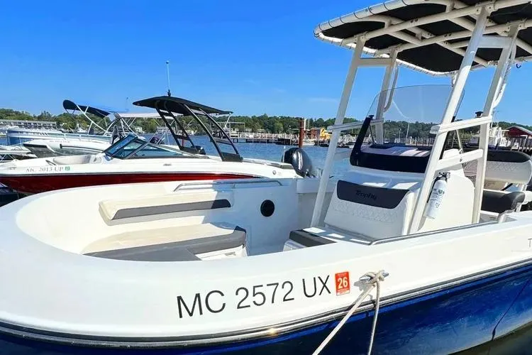 The Image of 2023 Bayliner Trophy T22CC boat docked at marina under clear blue sky. - 0