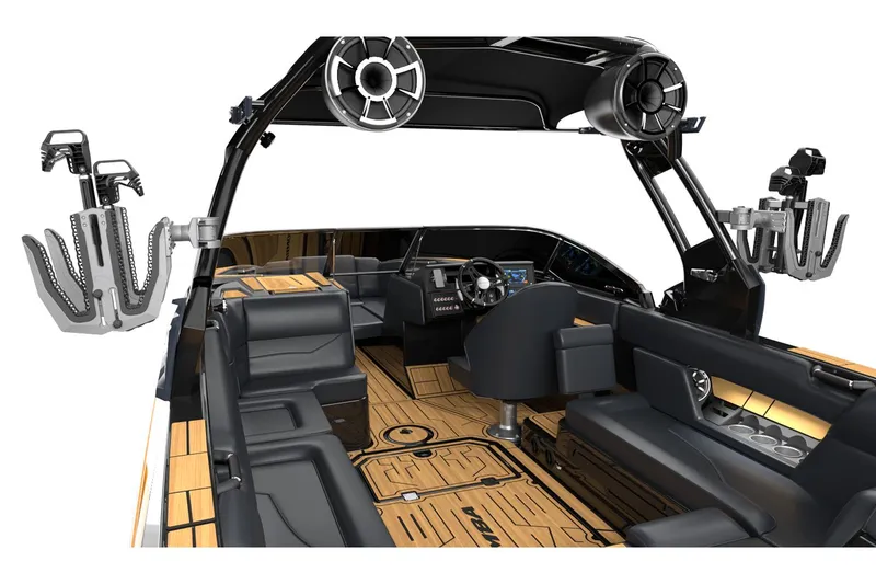 Slide: The Image of Manufacturer Provided Image: 2025 Moomba Mojo boat interior with sleek black seating and advanced audio system. - 24