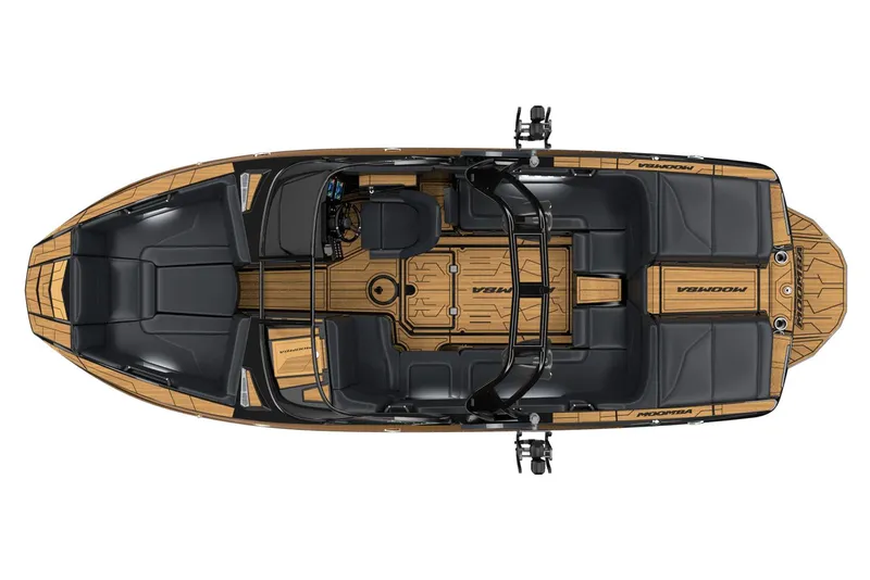 Slide: The Image of Manufacturer Provided Image: 2025 Moomba Mojo boat, top view, featuring sleek black seating and wooden deck design. - 30