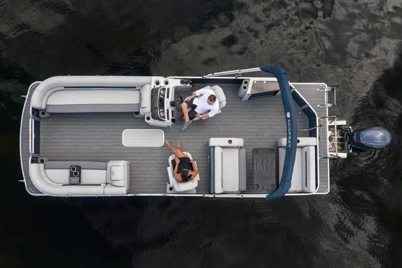 Slide: The Image of Manufacturer Provided Image: Aerial view of 2023 Godfrey SWEETWATER 2486 DT pontoon boat on water. - 7