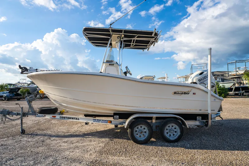 Slide: The Image of 2019 Bulls Bay 200 CC boat on trailer under blue sky. - 9