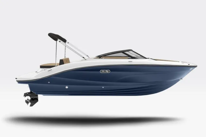 Slide: The Image of 2026 Sea Ray SPX 210 boat, sleek design, blue and white exterior, side view. - 25