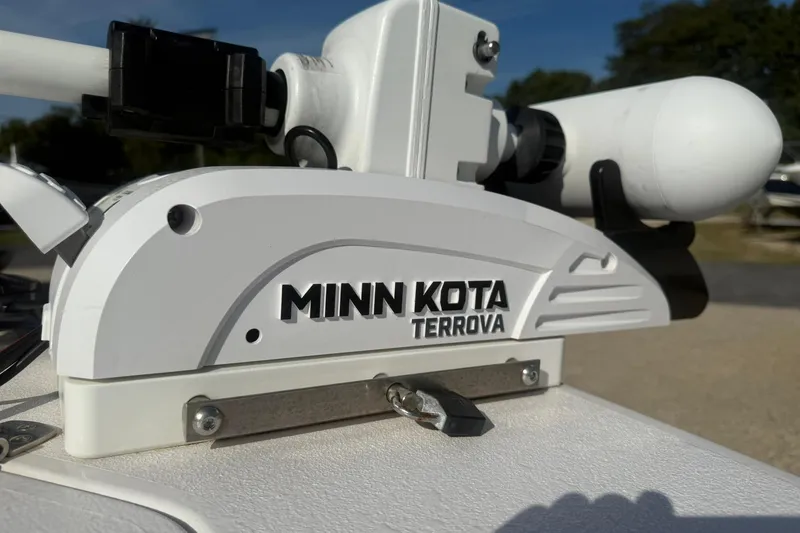 Slide: The Image of Minn Kota Terrova motor on Valentino 28CC, 2020 model, in outdoor setting. - 25
