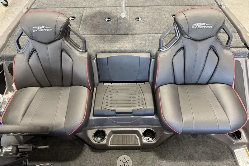 Slide: The Image of 2025 Skeeter ZXR20 boat seats with sleek black design and red accents. - 6