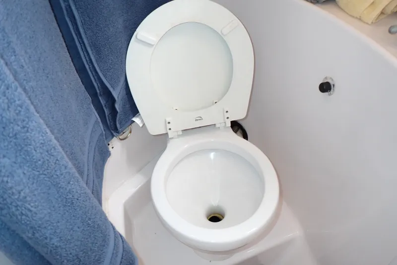 Slide: The Image of Boat bathroom with toilet, blue towel; Pro-Line 33 WA, 2002 model. - 87