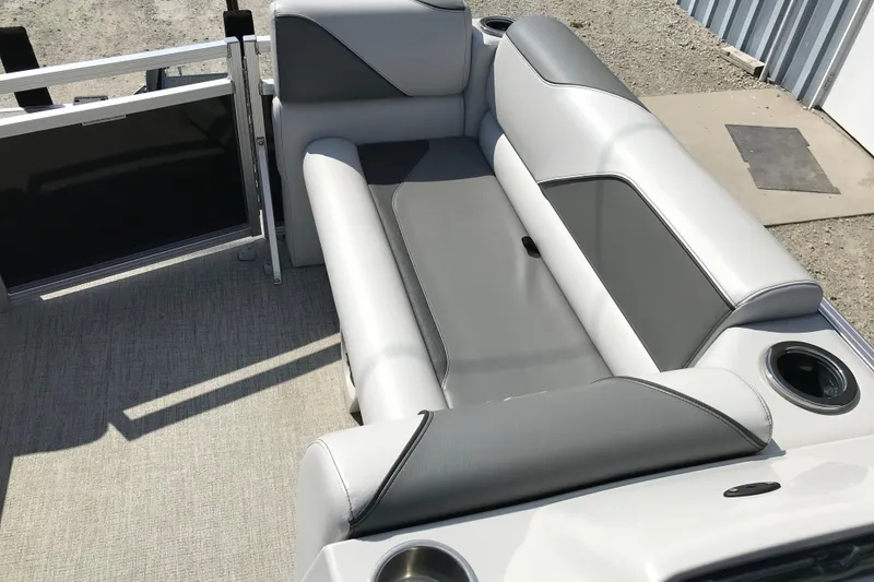 Slide: The Image of 2024 Avalon VENTURE FISH-N-CRUISE boat interior with gray and white seating. - 15