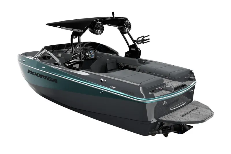 Slide: The Image of Manufacturer Provided Image: 2025 Moomba Craz boat with sleek design, black and gray color scheme, and modern features. - 34