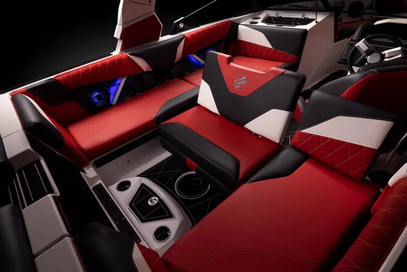 Slide: The Image of Manufacturer Provided Image: 2023 Tigé Z1 boat interior with red and black leather seats and modern design. - 10