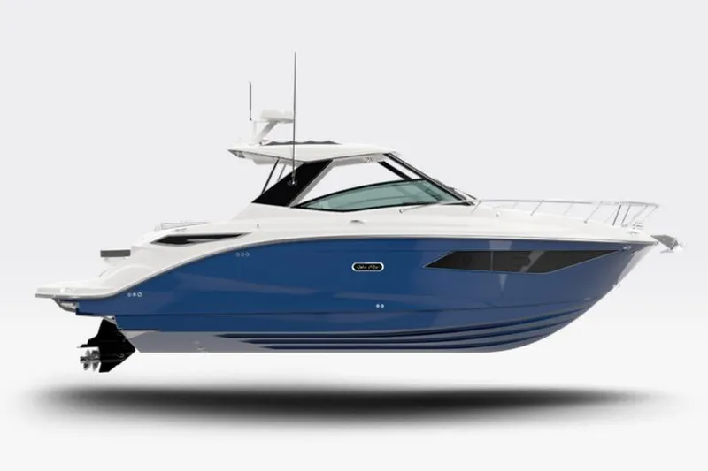 Slide: The Image of 2026 Sea Ray Sundancer 320 boat, sleek design, blue and white exterior, side view. - 42