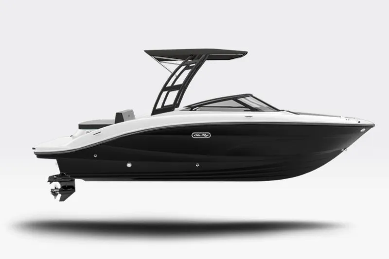 Slide: The Image of 2026 Sea Ray SPX 210 boat, sleek black and white design, side view. - 0