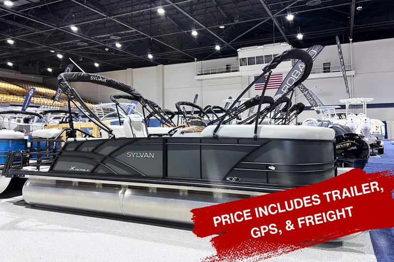 The Image of 2025 Sylvan Mirage X X3 CLZ pontoon boat displayed indoors, price includes trailer, GPS, and freight. - 1