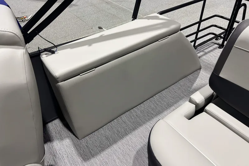 Slide: The Image of 2025 Sylvan Mirage X X3 CLZ boat interior with sleek seating and modern design. - 21