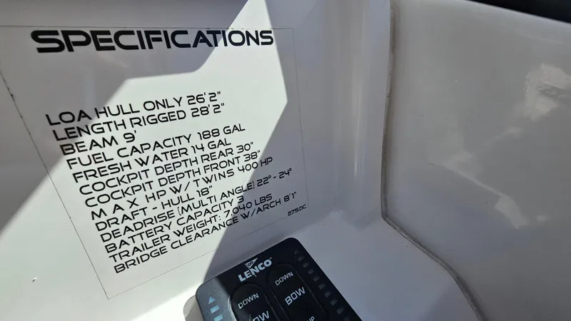 Slide: The Image of 2019 Sailfish 275 DC specifications panel with detailed boat measurements and capacities. - 27