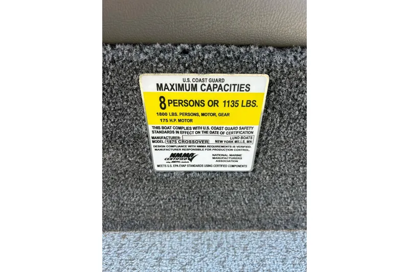 Slide: The Image of Safety label on 2021 Lund 1875 Crossover XS, showing maximum capacity of 8 persons or 1135 lbs. - 13