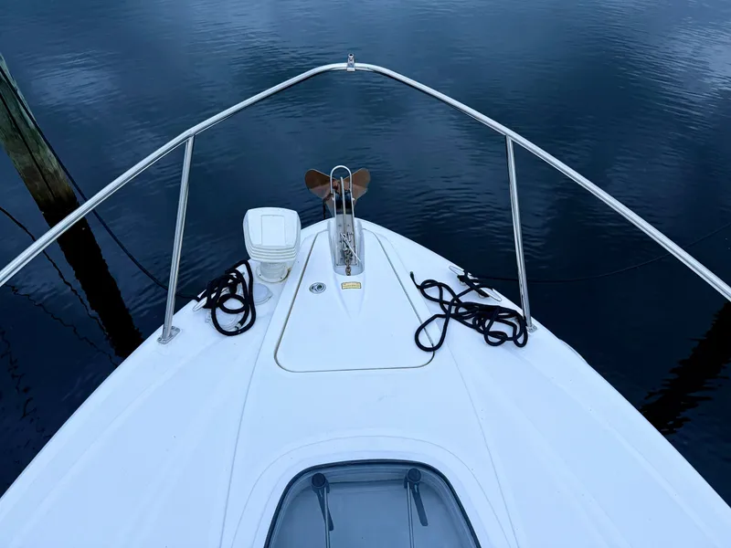 Slide: The Image of Bow of 2006 Sea Ray 290 Sundancer on calm water, featuring anchor and ropes. - 34