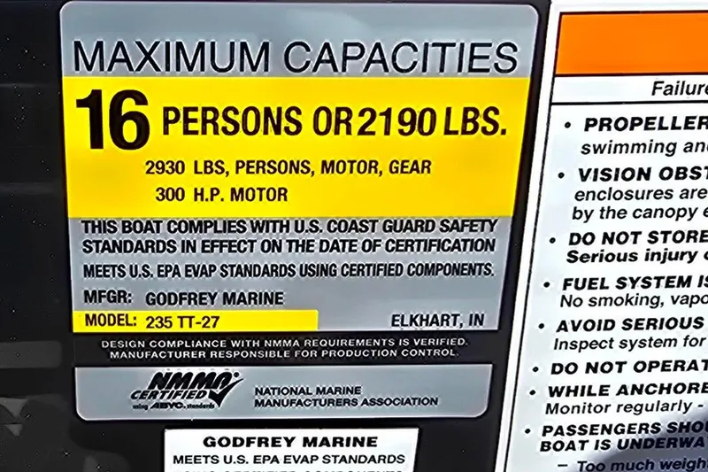 Slide: The Image of 2021 Godfrey Monaco 235 SFL capacity label: 16 persons or 2190 lbs, 300 HP motor. - 20