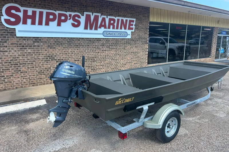 Slide: The Image of 2025 WeldBilt 1548 boat with Yamaha motor on trailer at Shipp's Marine. - 2