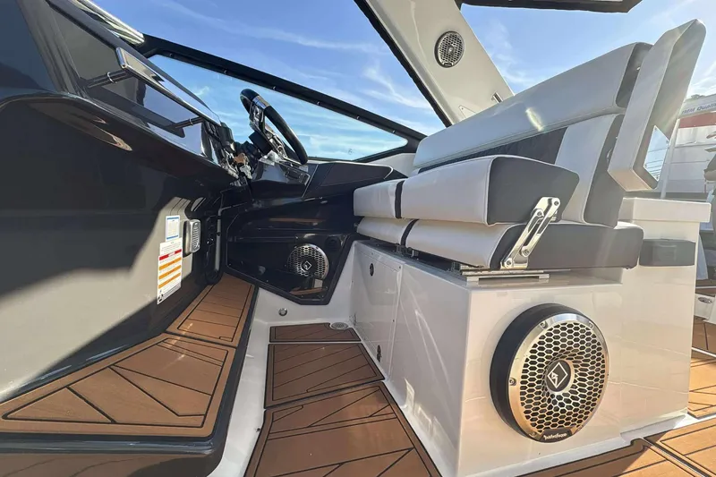 Slide: The Image of 2020 Monterey 378SS Super Sport boat interior with sleek seating and modern design. - 11