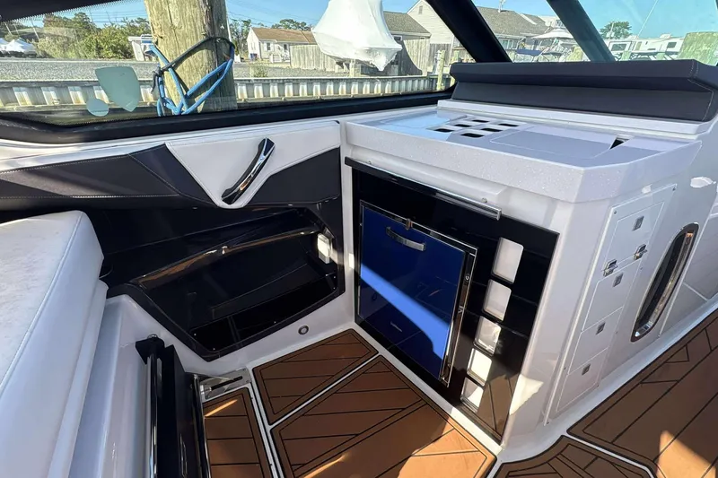 Slide: The Image of Interior of 2020 Monterey 378SS Super Sport boat with sleek design and modern amenities. - 12