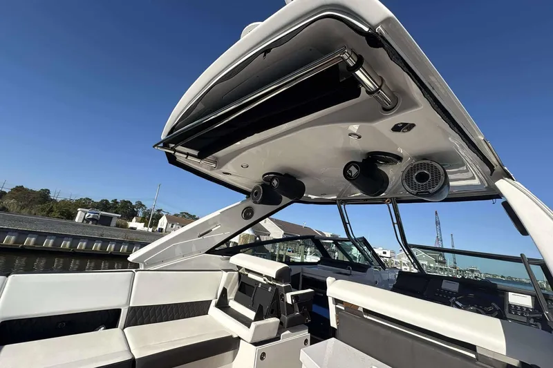 Slide: The Image of 2020 Monterey 378SS Super Sport boat interior with sleek design and modern features. - 25