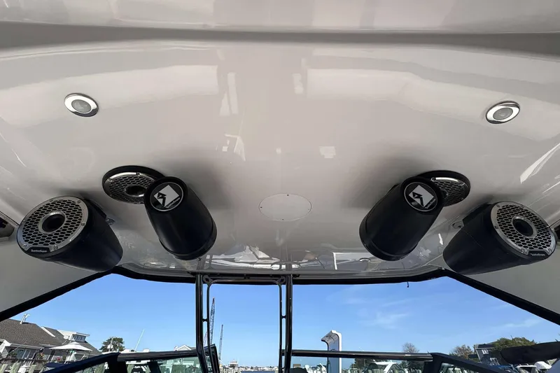 Slide: The Image of Ceiling speakers on a 2020 Monterey 378SS Super Sport boat, featuring Rockford Fosgate audio. - 8